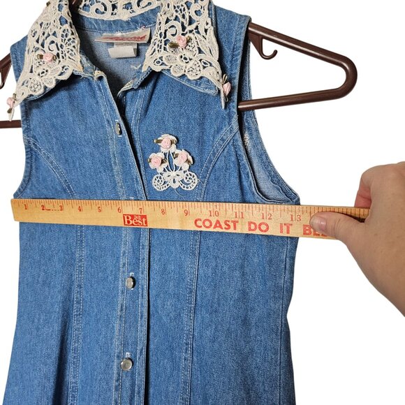 Vintage Storybook Heirloom Childs Denim Midi Dress Lace Collar Floral USA Size 8 - Picture 8 of 11